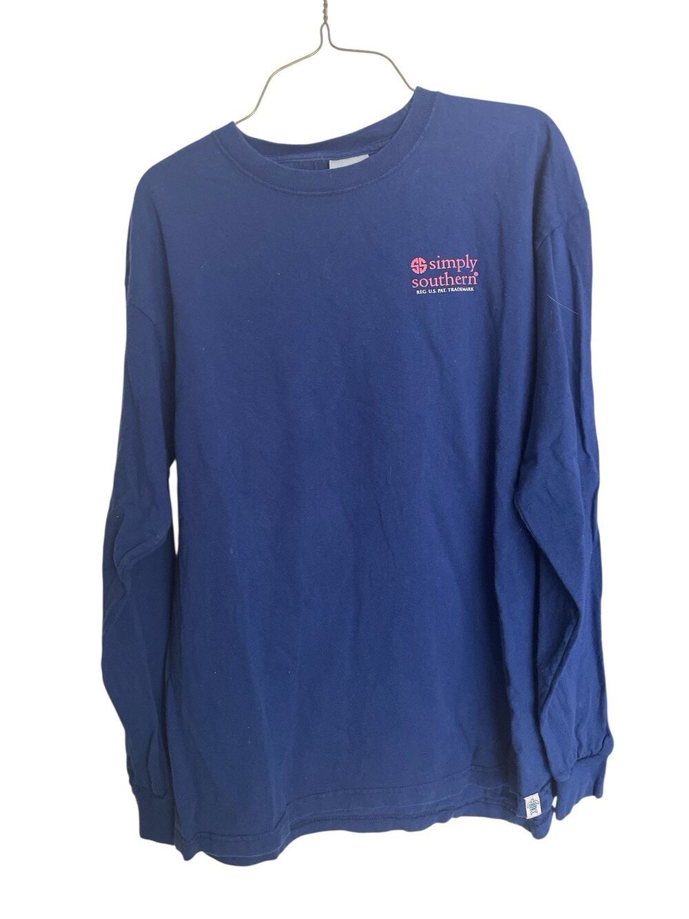 SIMPLY SOUTERN LARGE BLUE SHIRT WITH LONG SLEEVES WITH FRUIT AND SAYING ON BACK